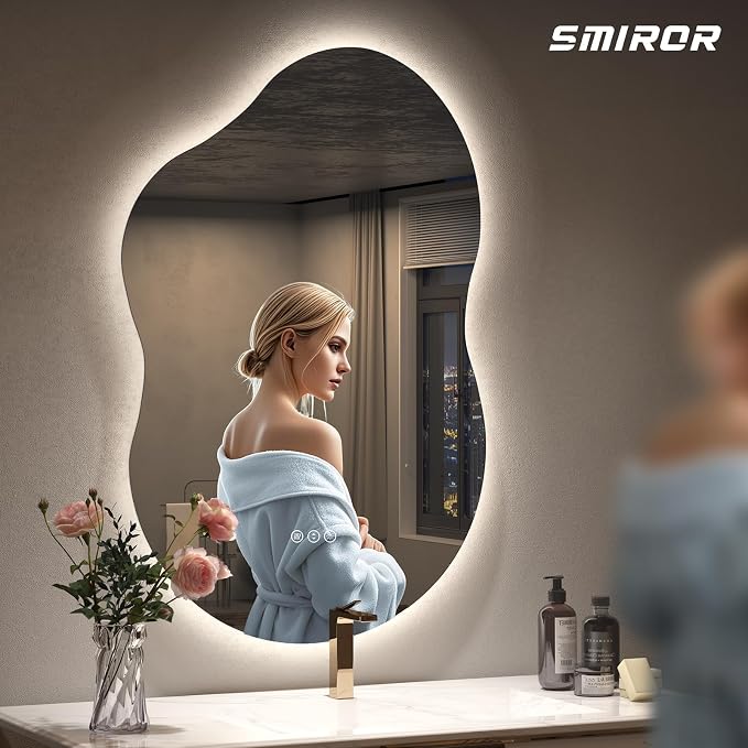 SMIROR 20x32 Irregular Backlit Led Lighted Bathroom Vanity Mirror | Asymmetrical, Cloud Shape, Anti-Fog, 3 Colors, Dimmable, Memory, Tempered Glass, UL