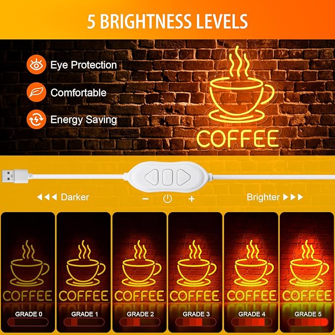 Coffee Neon Sign for Wall Decor Dimmable Modern Led Sign for Cafe Shop, USB Powered Coffee Cup Neon Signs Light Up for Cafe Station Accessories Art Decor Party Decorations(15.7 * 12.8inches)