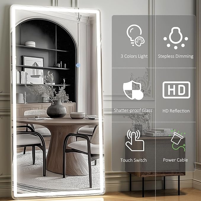 34x76 inch Full Length Mirror with Lights, LED Full Body Mirrors | Stepless Dimmable 3 Color Lighting Floor Standing/Hanging/Leaning/Wall Mounted Vanity Mirror for Bedroom Cloakroom (Rect)