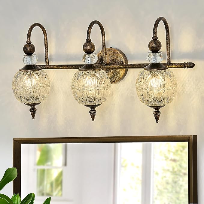 Piepooye Vintage Bathroom Light Fixtures Bronze Vanity Light with Glass Globe LampShade 3 Lights Mid Century G9 Bulb Wall Sconce Indoor Vanity Light Over Mirror for Bedroom Farmhouse Hallway