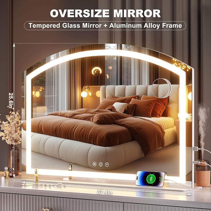 Hasipu 38" x26” Arch Vanity Mirror with LED Lights - Makeup Mirror with 10X Magnification, USB Charging Port & 3 Dimmable Color Modes