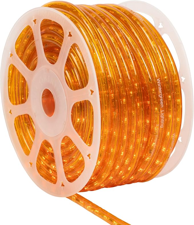 Wintergreen Lighting 150' Orange LED Rope Light, LED Flexible Light Rope String Light Outdoor – Halloween Rope Light, 120V, ½ Inch, 2-Wire - Rope Light Clips and Power Cord Included