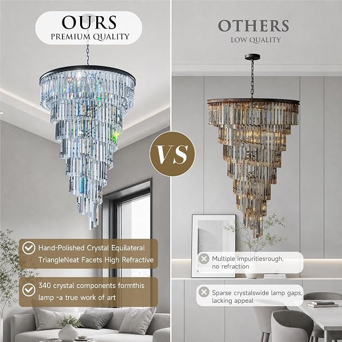36'' Spiral Crystal Chandelier Black Modern Light Fixture, Large High Ceiling Foyer Ceiling Pendant Light, 30 E12 LED Bulbs Included, Adjustable Chain Hanging Lamp for Entryway, Hallway, Black