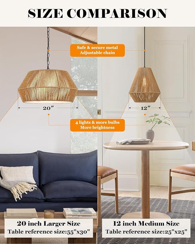 ELYONA Large 4-Lights 20" Rattan Chandelier, Boho Pendant Light Fixtures, Adjustable Japandi Woven Chandelier for Dining Room with Fabric Shade, Rustic Hanging Light for Kitchen Island,Living Room