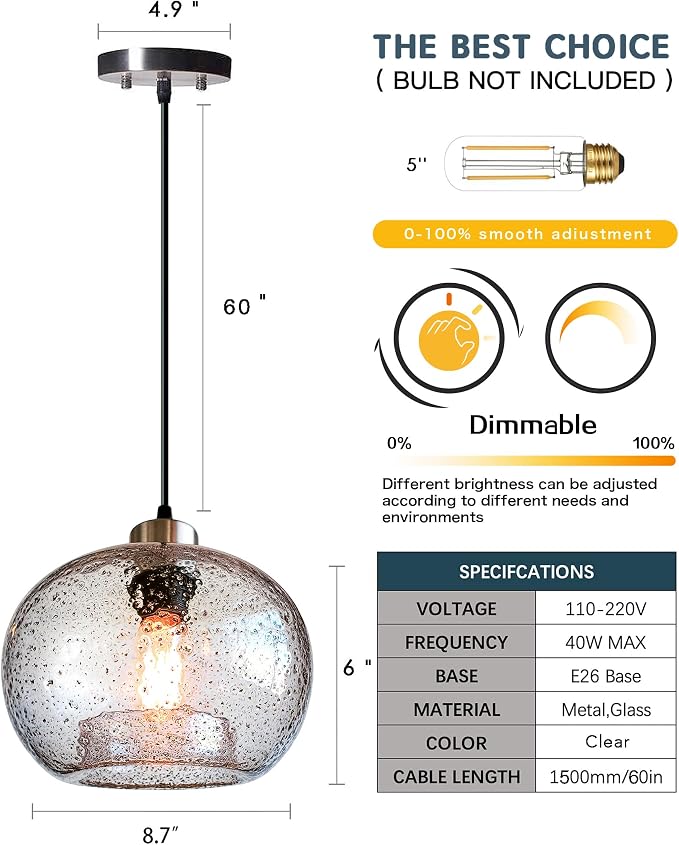 Glass Pendant Lights, Marble Clear, 2 Pack | Modern Rustic Kitchen Island Dining Room Table,Adjustable Cord,,Brushed Nickel,ETL Certification