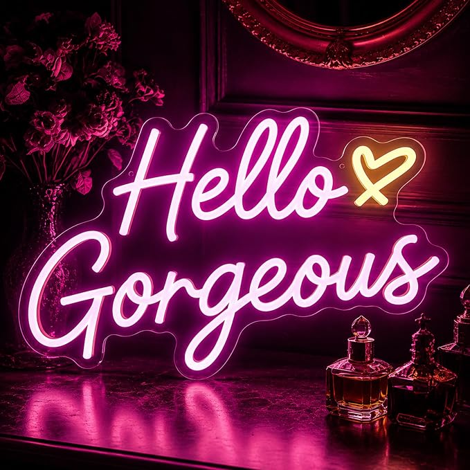 Hello Gorgeous Neon Signs for Wall Decor, Hello Beautiful Pink LED Lights | Dimmable Hello Gorgeous Light Sign for Girls Bedroom, Makeup Room, Beauty Salon, Wedding, Bachelorette Party, Gift for Women