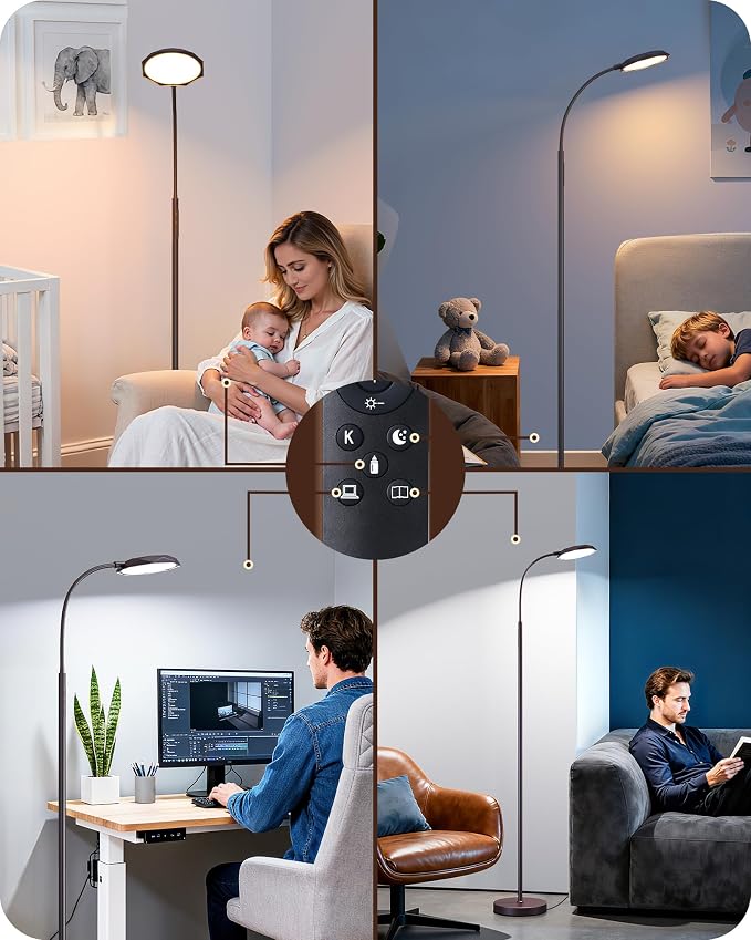 EDISHINE Modern LED Floor Lamp 1300LM Floor Lamps for Living Room Brown | Dimmable, 4 Color Temperature, Remote & Touch Control, 2 Timer, Adjustable Gooseneck for Bedroom, Office