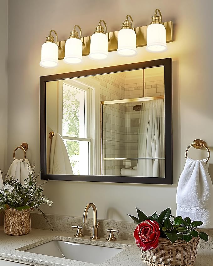 HWH INVESTMENT 5-Light Bathroom Vanity Light, Brushed Gold, 5HZG106B-5W BG | 33-Inch Hardwired Wall Light with Frosted Bell-Shaped Glass; 5 E26 Bulbs, Max 60W Each; Reversible Up or Down Mount