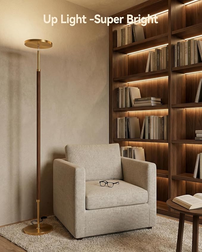 Wood LED Torchiere Floor Lamp with Remote, 3000LM Dimmable | 69" Tall Uplight, 3000K-6500K Color Temperature, 1-Hour Timer, Eye-Caring Lighting, For Living Room, Bedroom & Office