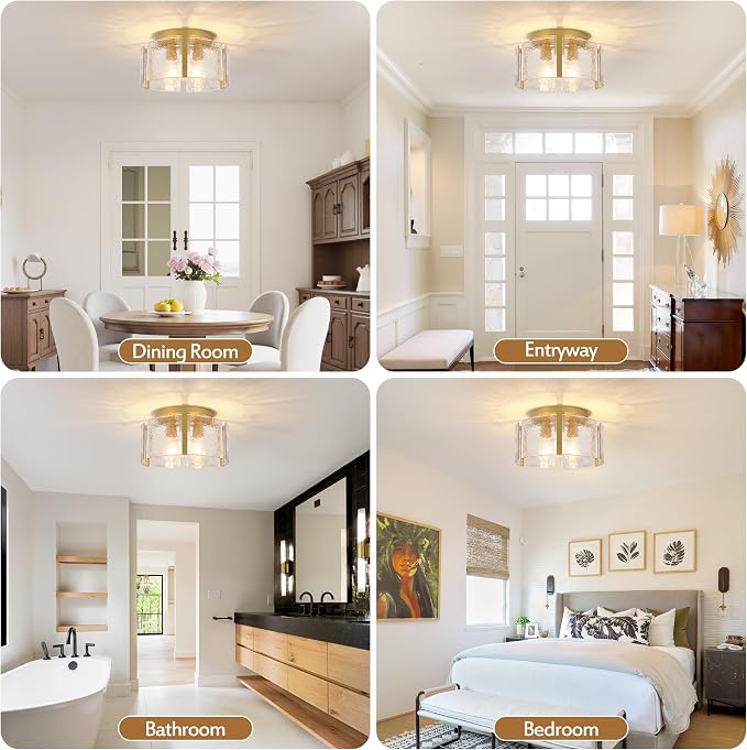 15" Gold Semi Flush Mount Ceiling Light, 3-Light Modern Drum Glass Dining Light Fixture, Dimmable Ceiling Mount for Hallway Entryway Foyer, Kitchen Over Island, Bedroom Bathroom Laundry Room Farmhouse