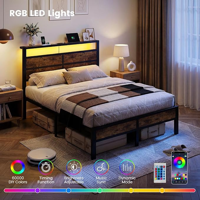 Full Size Metal Bed Frame with Storage Headboard, LED Lights | USB Charging Station , Brown Metal Platform Bed, Sturdy Slats, No Box Spring Needed, Easy Assembly, Noise Free