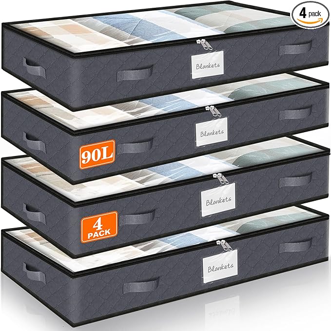 90L Under Bed Storage Containers, Storage Bags, Organizers, 4-Pack, Gray | Foldable, Soft Fabric, Closet Organizers, Reinforced Handle, Label Holder, Clear Window, for Comforters, Clothing, Blankets