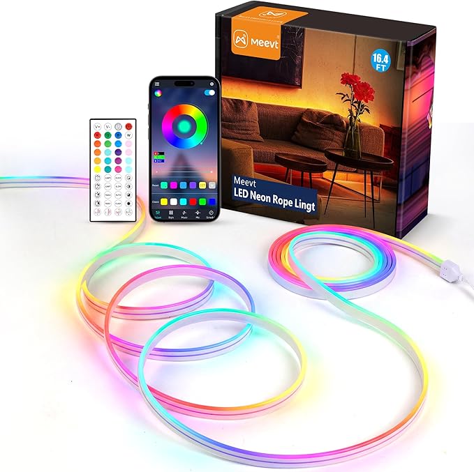 Neon Rope Lights - 16.4Ft Flexible LED Rope Lights,24V RGB Rope Lights Control with App/Remote Multiple Modes,DIY Design, IP65 Waterproof Strip Lights for Bedroom Room Outdoors Decor