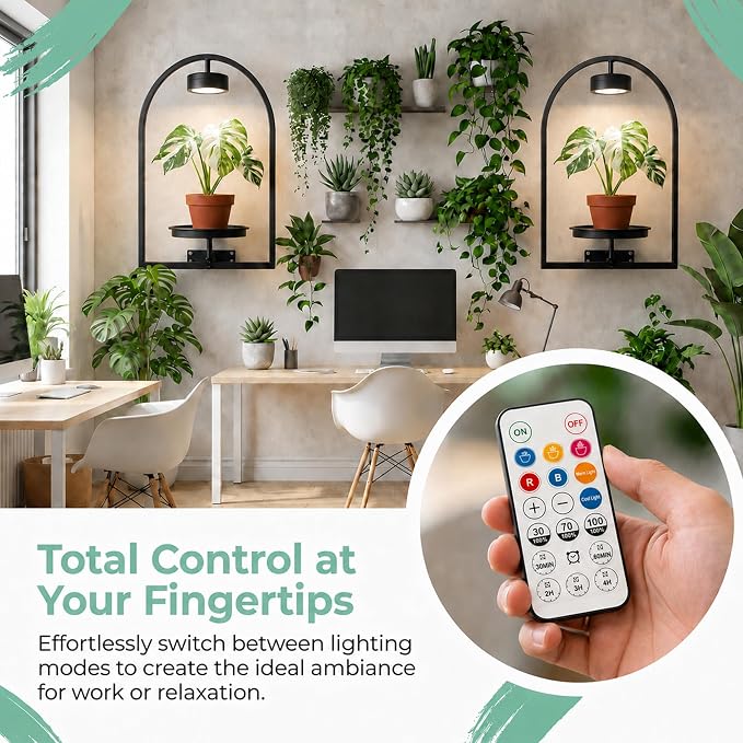 2 Pack Plant Wall Shelf with Grow Light, Wall Mounted Hanging Planter Shelf | Wall Plant Holder with Remote Control LED Plant Light, Floating Indoor Plant Shelf for Bedroom Living Room Apartment Boho