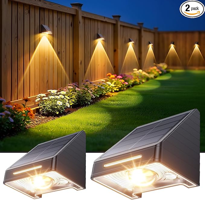 KOOPER Solar Fence Lights Outdoor Waterproof 2 Pack, Solar Fence Lights with Ultra-Bright LED Lens, 10 Modes & 9 Colors Outdoor Solar Lights for Fence, Backyard, Railing, Patio, Wall, Step, Deck