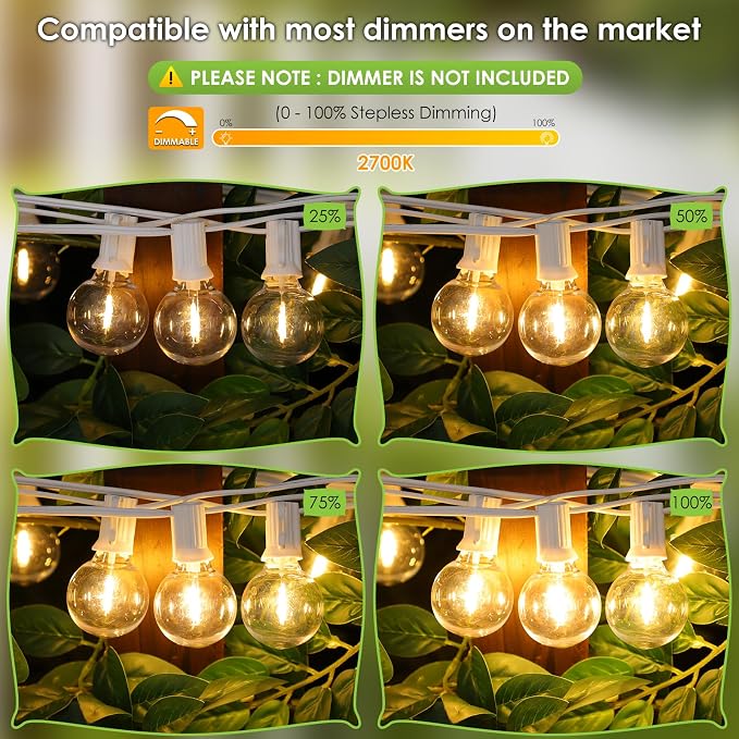 200Ft(2x100Ft) LED Outdoor String Lights, Dimmable G40 Globe Patio Lights with 100+5 2700K Waterproof Bulbs for Balcony-White Cord 2 Pack
