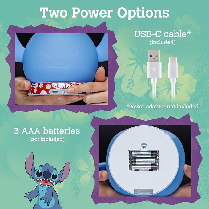 Disney Squish'ems Lilo & Stitch Night Light for Kids, Soft Silicone | Dimmable Kids Bedside Lamp, Light for Kids Room, Bedroom, and Playroom, USB Powered with AAA Battery Option