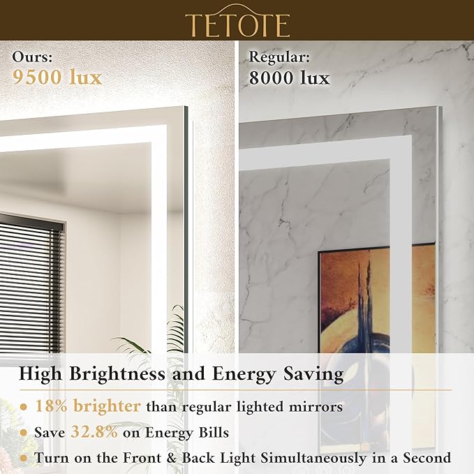 LED Bathroom Mirror 24 x 30 Inch Lighted Bathroom Vanity Mirror with Lights, Brighter Frontlit and Backlit Light up Anti Fog Mirror, 3-Color Dimmable, Shatterproof Tempered Glass, Waterproof