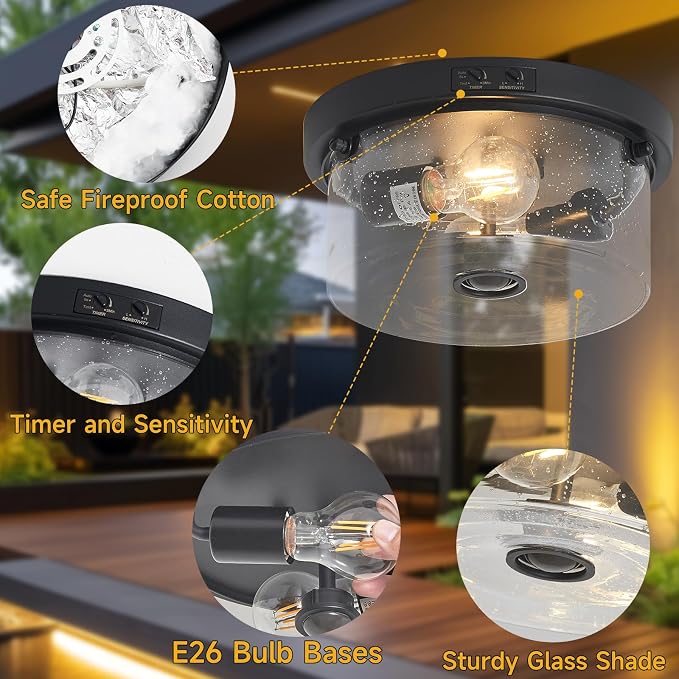 Yisuro Motion Sensor Outdoor Ceiling Light, Flush Mount Porch Exterior Ceiling Light Fixture 3 Modes Squares for Patio,Porch,Garage (Black-Round)