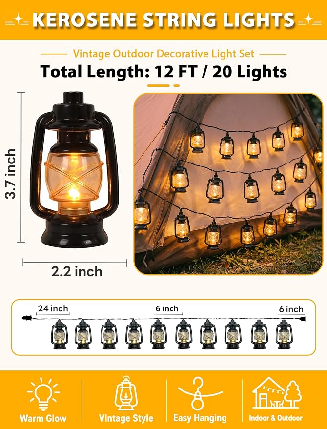 12FT Black Mini Kerosene String Lights, 20 LED Vintage Lantern Fairy Lights, Connectable Outdoor Decorative Lights for Patio Bedroom Camping Wedding Garden Christmas Party Decor