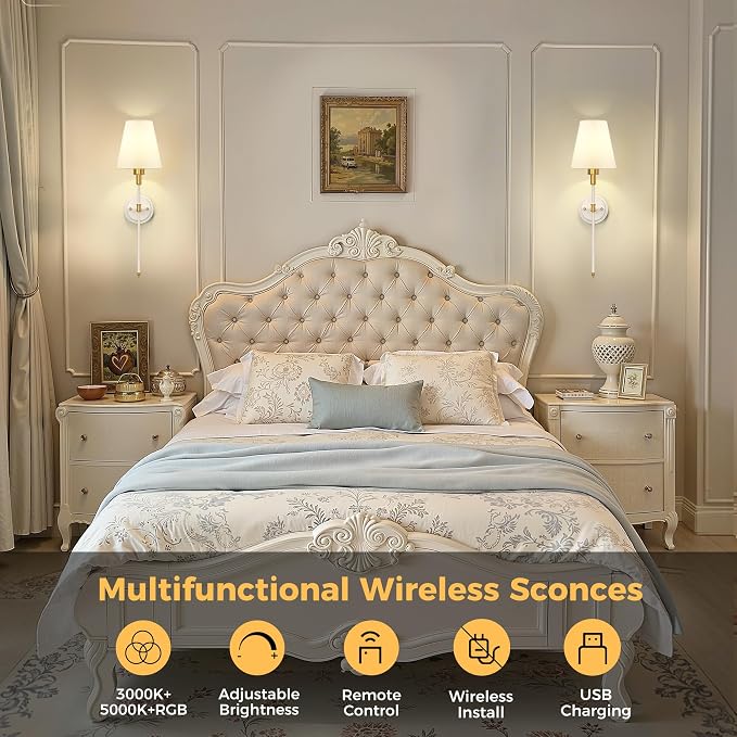 Battery Operated Wall Sconce: Set of 2 Wireless Wall Light 12000mAh | 15 Color Rechargeable Wall Sconces, Sconce Wall Decor Set of 2 for Bedroom, Living Room, Gold, 24.6in