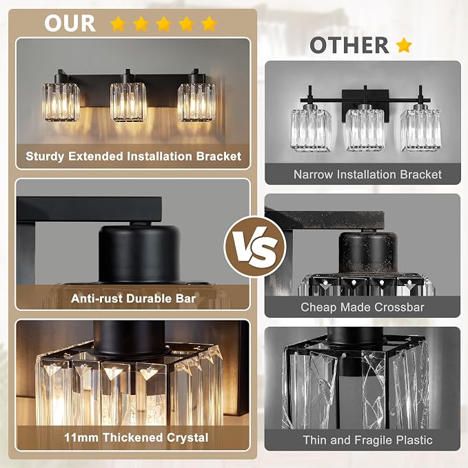 Modern Bathroom Vanity Light, 3-Light K9 Crystal Bathroom Lighting Fixtures Over Mirror, Black Vanity Light with Square Shade