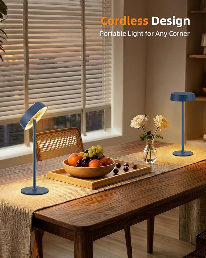 EZVALO Cordless Lamp, Rechargeable Table Lamp, Battery Operated | Portable Outdoor Waterproof, 3 Color Temps RGB, Dimmable Touch Control, LED Memory Function, Restaurant Dining Patio Blue 1Pc