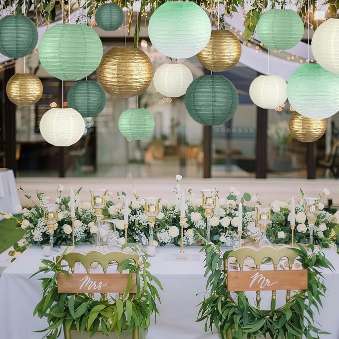 15-Pack Sage Green Gold Paper Lanterns, Hanging Classroom Decor | 6,8,10 Inch Hanging Lanterns for Weddings, Bridal Showers, Graduations, Anniversaries & Baby Showers