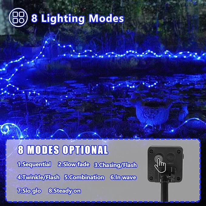 YEGUO Solar Rope Lights Outdoor Waterproof, 2 Packs Each 33ft 100 LED String Lights, 8 Modes Fairy Lights in Clear Thin Tube for Camping Fence Patio Garden Trampoline Deck(Blue)