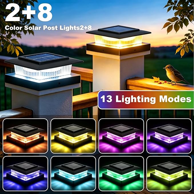 4x4 Solar Post Cap Lights, 13 Lighting Modes RGB Post Solar Lights Outdoor | 8 LED IP44 Waterproof Solar Deck Lights, for 4x4 3.5x3.5 Wood/Vinyl Fence Post