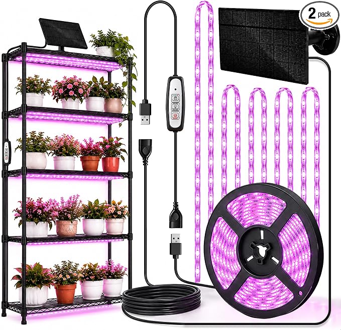 16.4FT Solar Grow Light Strip for Indoor Outdoor Plants | with Full Spectrum LED Waterproof Plant Growing Lights & 16.4FT Power Cord, Solar Panel, 2/4/8H Timer, for All Growth Stages