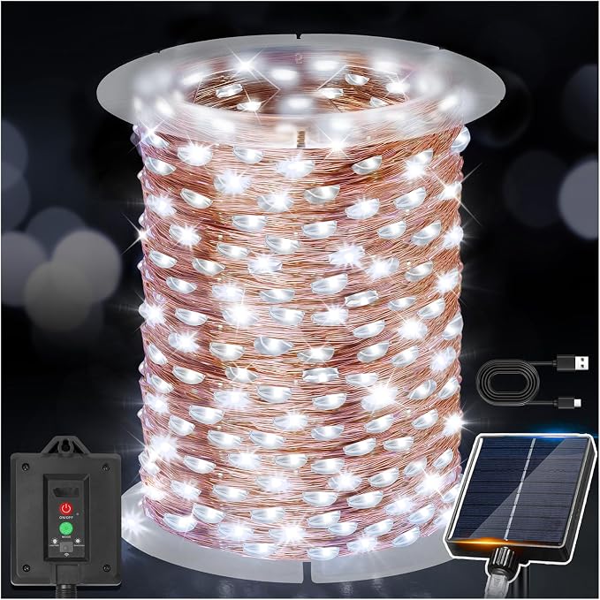 KNONEW 203FT 600 LED Solar String Lights Outdoor, Extra Long Solar Fairy Lights with 8 Modes, IP44 Waterproof Copper Wire Lights for Garden Patio Yard Christmas Decor, Cool White