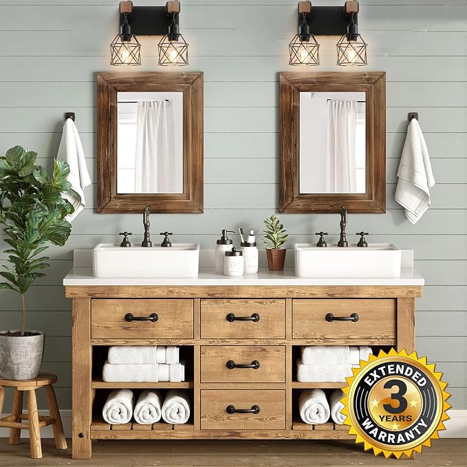 Farmhouse Vanity Light Fixture,2-Light Bathroom Lighting,Black Industrial Wood Wall Light Over Mirror with Metal Shade
