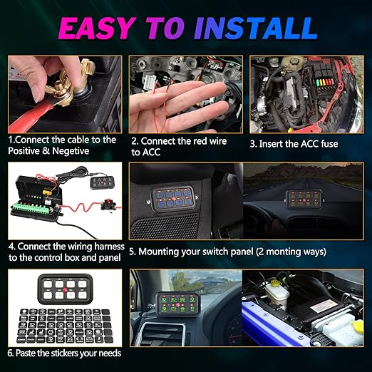 RGB 8 Gang Switch Panel Bluetooth 8 Switch Pods Relay System Box Multifunction 3 Modes Toggle Momentary Pulsed Dimmable Touch Switches for Trucks RV Boat Off Road ATV UTV SUV RZR Boat