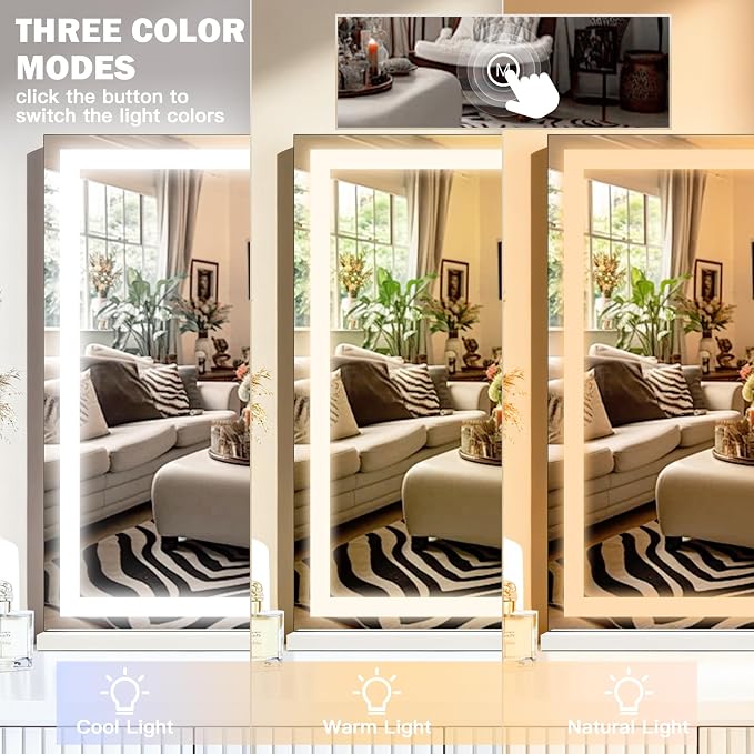 ROLOVE Large Vanity Mirror with Lights 35.5" x 27", LED Hollywood Makeup Mirror with USB Charging Port, 3 Color Modes, Dimmable Touch Control, 10X Magnification, Wall Mounted or Tabletop