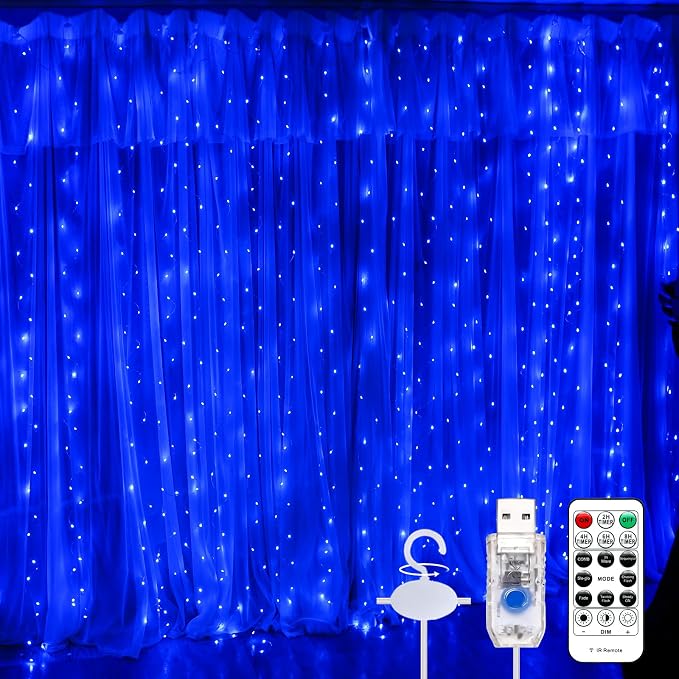 Fairy Curtain Light, 600LED 19.6x9.8ft, Remote & 8 Modes, USB | Window Hanging String Light, Silver Copper Wire, For Bedroom, Wedding, Party, Backdrop, Window, Xmas Decor, Blue
