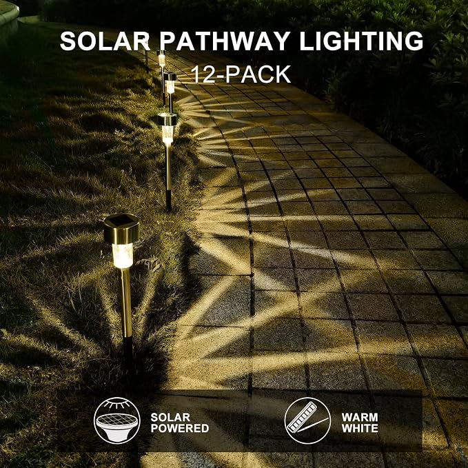 Solar Lights Outdoor Waterproof, Solar Garden Lights, Warm White, 12Pack | Outdoor Solar Lights Stainless Steel LED Landscape Lighting Decorations for Yard Pathway Patio Lawn