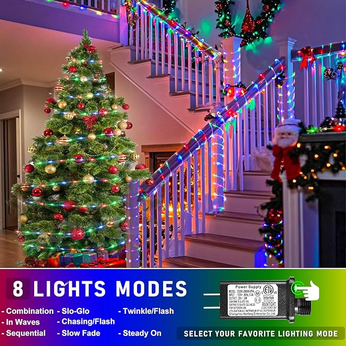 66FT 200 LED Rope Lights Outdoor Waterproof, Connectable Rope Lights for Outside with 8 Modes, Flexible String Lights for Indoor Room Patio Pool Garden Party Decorations - Multicolor