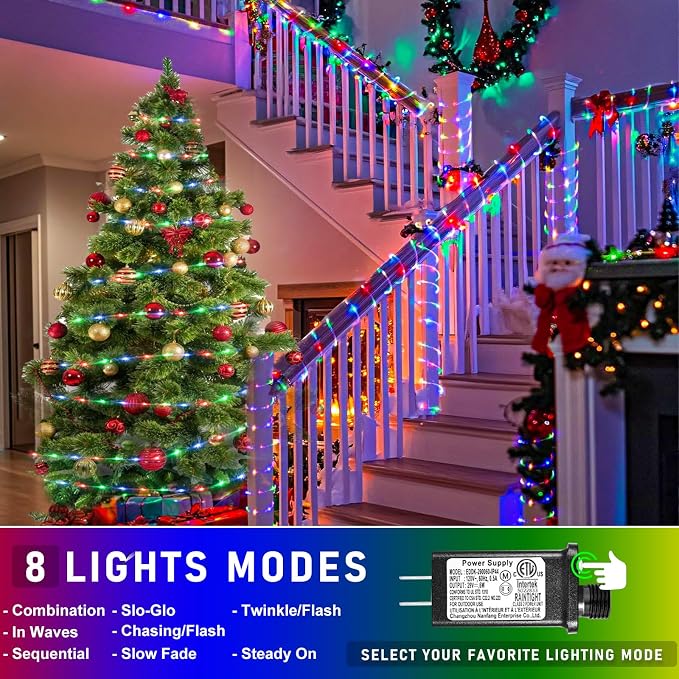 100FT 300 LED Rope Lights for Outside, Multicolor Rope Lights Indoor | Waterproof 8 Modes Plug in Connectable Outdoor String Lights for House Bedroom Garden Yard Pool Party Fence Decorations