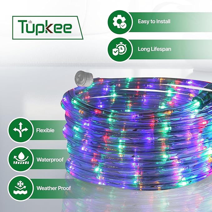 Tupkee LED Rope Light Multi-Color - for Indoor and Outdoor use, 24 Feet (7.3 m) - 10MM Diameter - 144 LED Long Life Bulbs Rope Tube Lights - Pack of 2