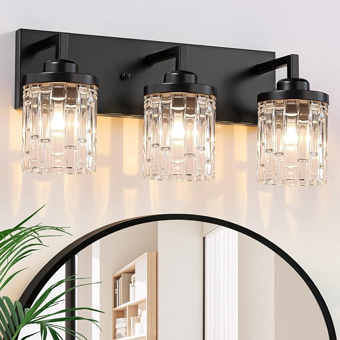maesta Black Bathroom Light Fixture,3 Light Modern Vanity Light Over Mirror | Modern Vanity Light, Black Metal & Crystal Glass Fixture, Anti-Rust, Easy to Install for Bathroom Hallway Bedroom Entryway