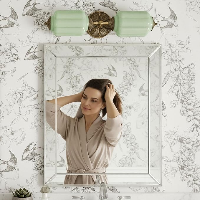 Vintage Milk Glass Bathroom Vanity Light - 2-Light Wall Sconce with Brass Finish Base & Green Glass Shade - Wall Sconce Lighting for Mirror, Kitchen, Living Room, Gallery (Bulbs Included) (Green)