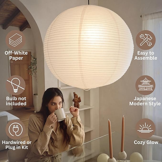 Nogy Paper Lantern Lamp Japanese Style Pendant Light - Off White Rice Hanging Paper Lamp Shade with Cord (Hardwired, 23.5 in)
