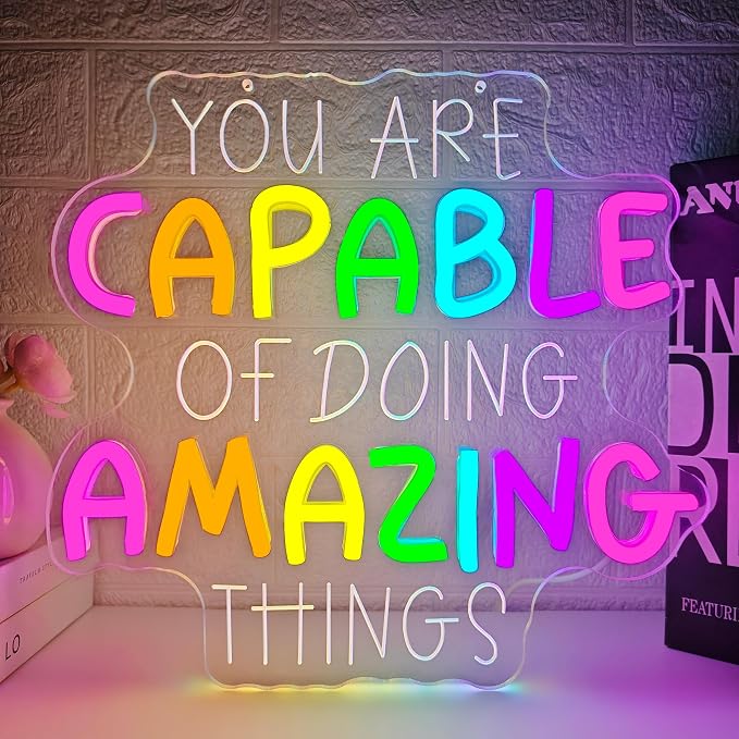 You Are Capable of Amazing Things Neon Sign for Wall Decor Classroom Led Sign Dimmable Inspirational Quotes Reading Corner Neon Light Up Signs for Classroom Home Club Study Room Office Wall Art