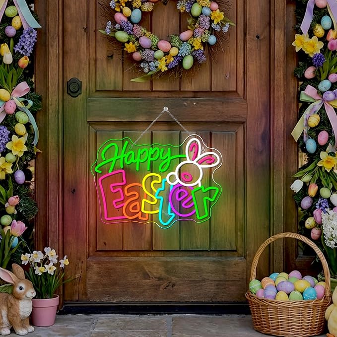 Happy Easter Neon Sign Bunny Neon Light Up Easter Decor Indoor for Home Living Room Windows Spring Decor LED Bunny Sign Rabbit Themed Gifts for Teens Families in Family Games