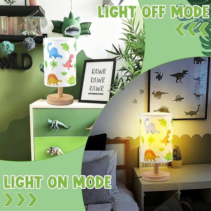 Dinosaur Table Lamp for Kids Bedroom - Cartoon Dinosaur Bedside Lamp with Linen Lampshade Wooden Stand Night Light for Boys Bedroom Living Room Nursery Room Decor Dino Gifts for Boys