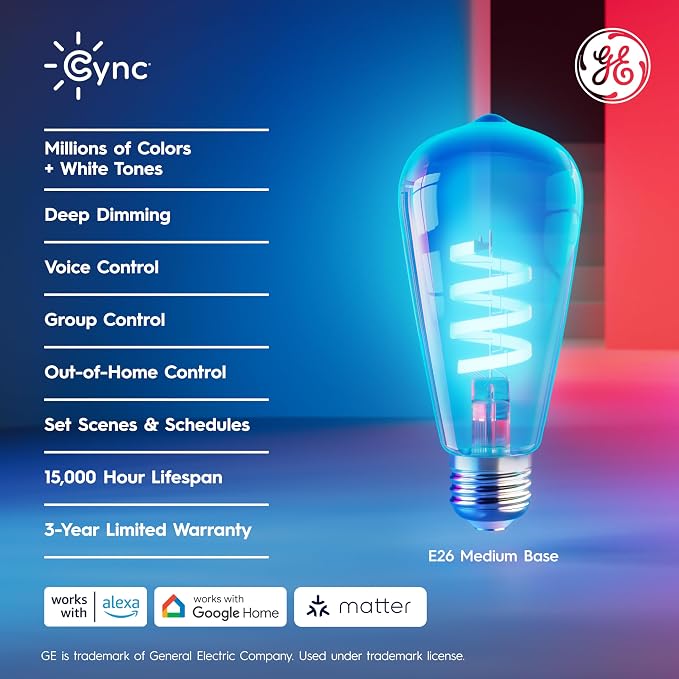 Cync GE Smart LED Light Bulb, ST19 Edison Style | Color Changing WiFi Light, 60W Equivalent, Compatible with Alexa and Google Home, Full Color, Works With Matter, 2 Pack