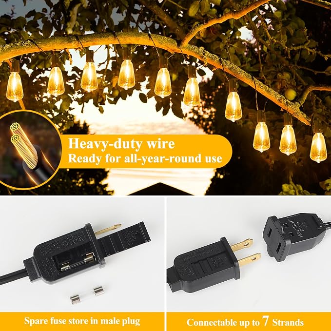 200FT Outdoor String Lights 104 Bulbs, 2200K Amber Lights | 4 Spare ST38 Edison Bulbs Dimmable, Connectable Plug-in LED Patio Lights for Outsiede, Cafe, Wedding, Christmas