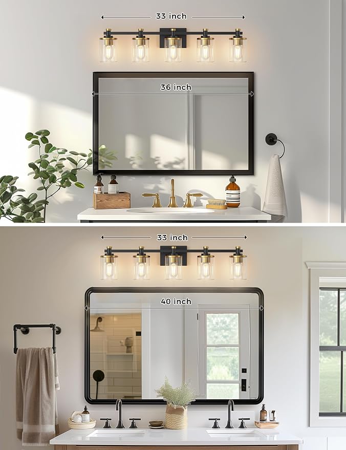 Bathroom Light Fixture, Bathroom Vanity Light Over Mirror, 5-Lights | Vanity Lights for Bathroom, Modern Lighting Fixtures with Clear Glass Shade, Black and Gold Vanity Lights, ETL Listed