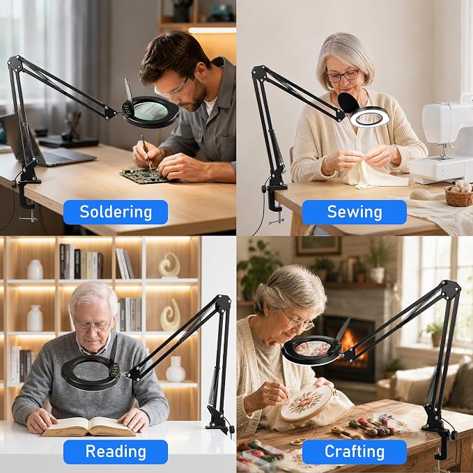 Large 10X Magnifying Glass with Light and Stand, LED Desk Lamp with Clamp, 5 Color Mode, 10 Dimmable Levels, Hands Free for Reading Crafts Jewelry Sewing Close Work